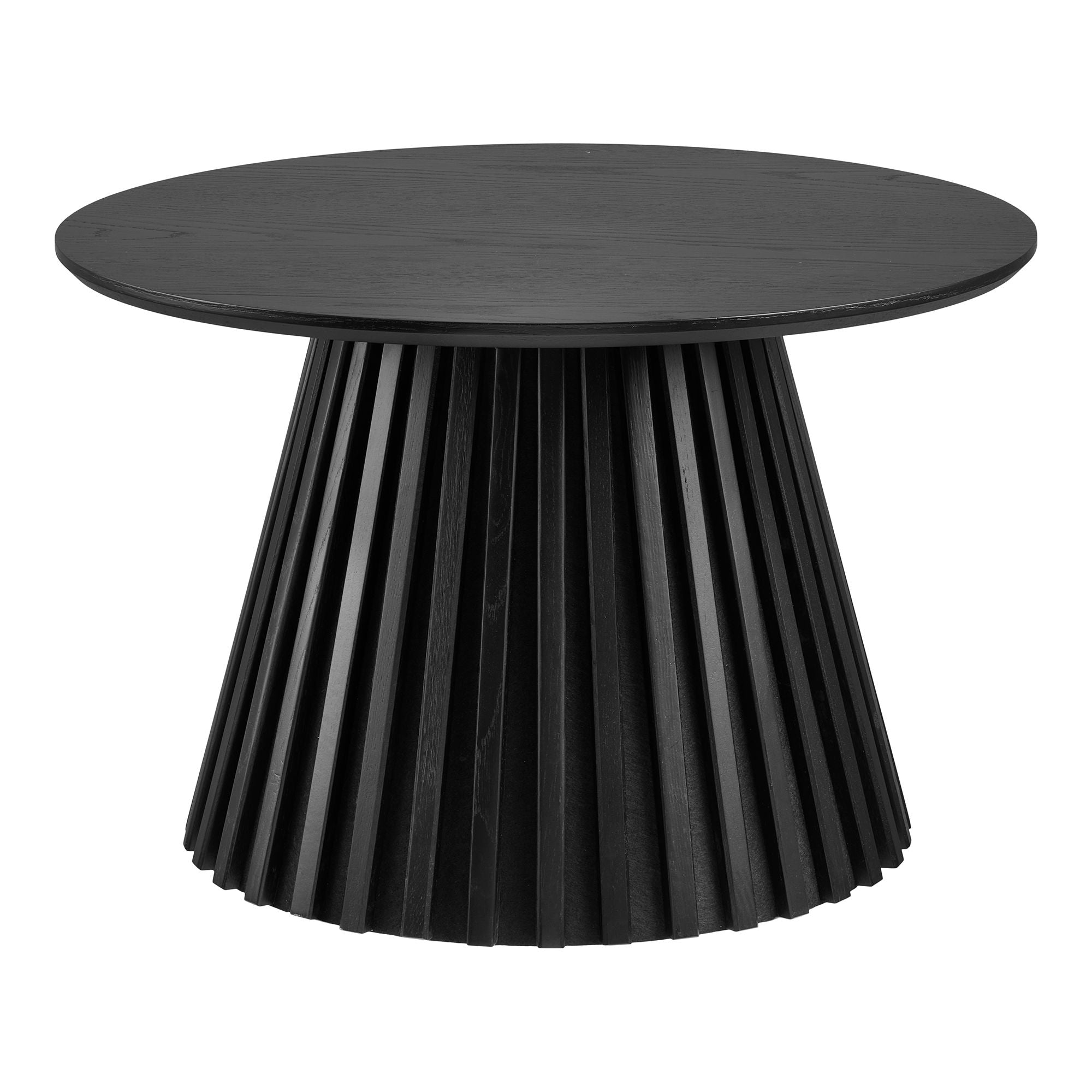 Rond mat zwart eikenfineer blad van House Nordic Osaka salontafel accentueert subtiel houtnerf en strakke randafwerking